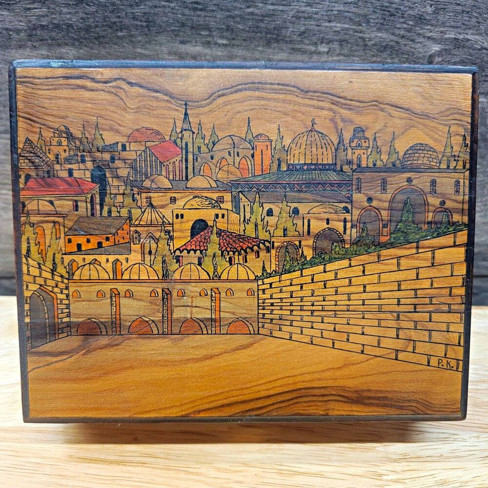 P.K. Hand Painted Wooden Jerusalem Cityscape Trinket Box Latch Lid Small